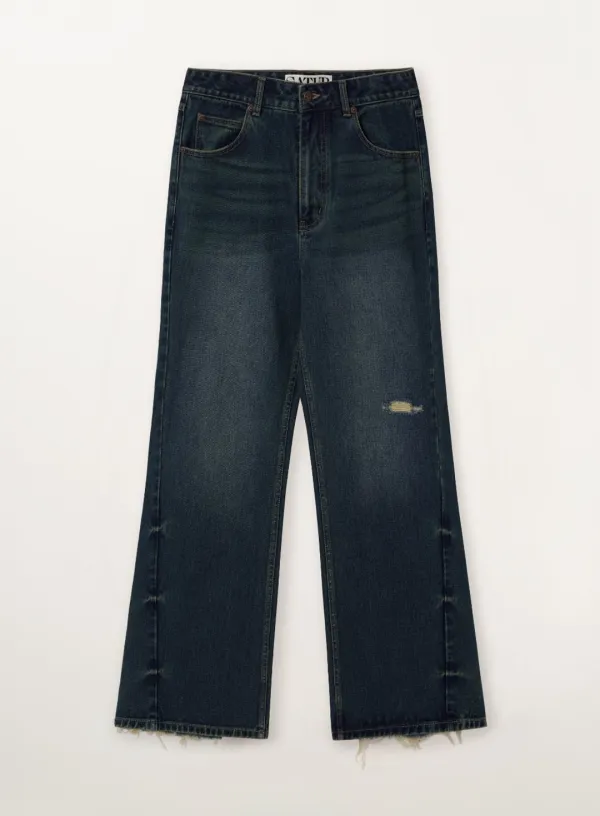 Damage Washed Flare Fit Denim Pants - Deep Blue