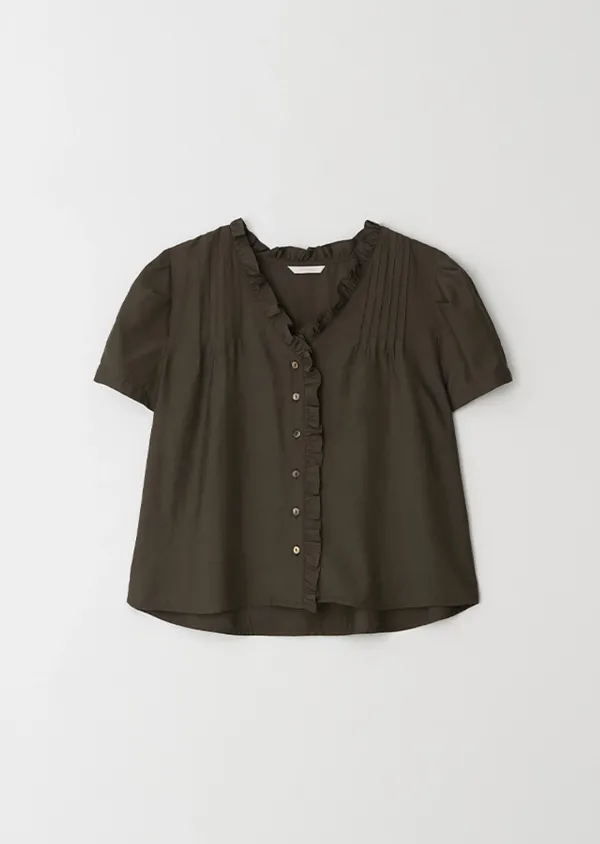 pintuck frill blouse-khaki brown