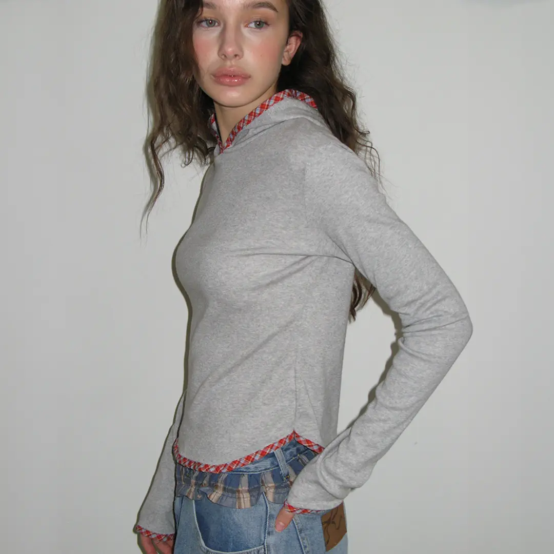 론론 LINE POINT SLIM HOODIE LONG SLEEVE CHECK GREY 상품 이미지 2