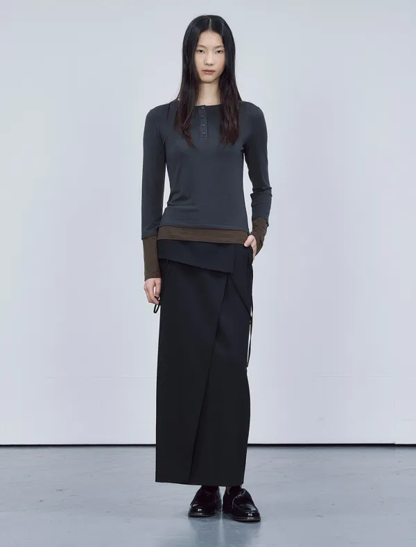 HENLEY NECK LAYERED TOP [CHARCOAL]
