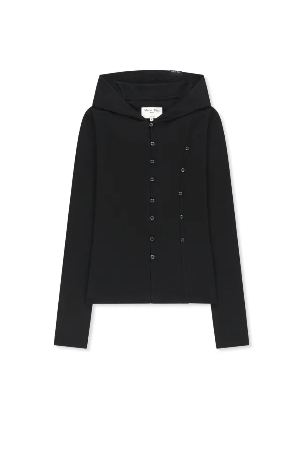DOUBLE LAYER BUTTON HOOD TOP IN BLACK