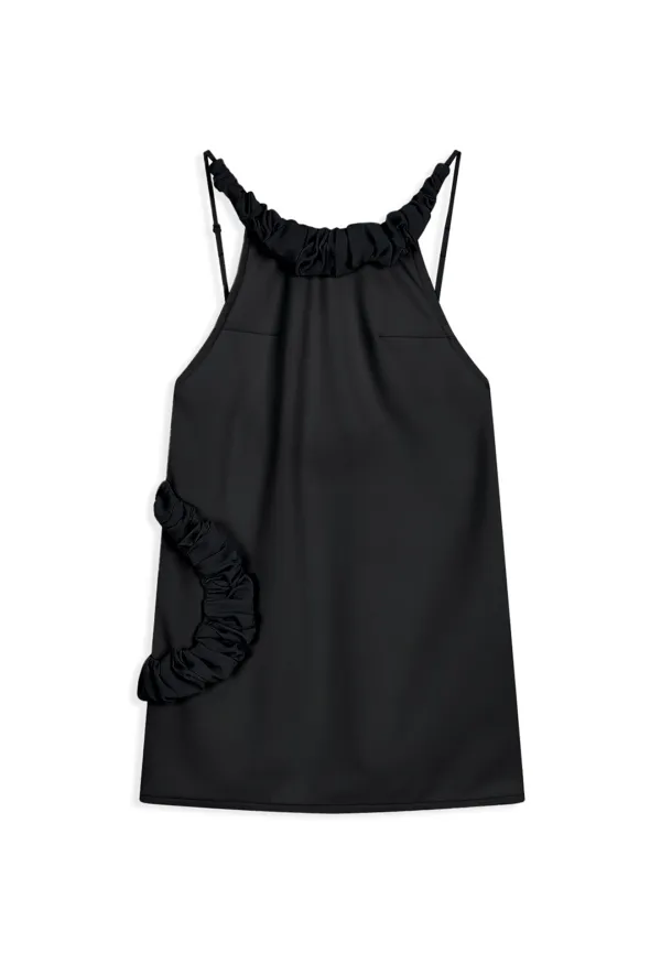 OPEN BACK RUFFLE MINI DRESS, BLACK