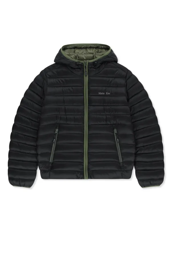 CONTRAST TRIM LIGHT DOWN HOODY JUMPER IN BLACK