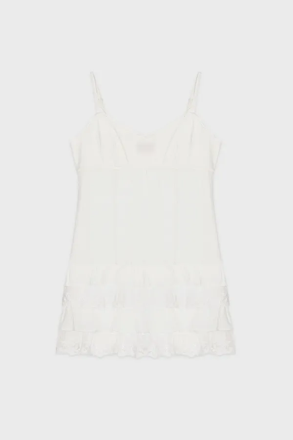 V-Neck Lace Mix Silky Dress (White)
