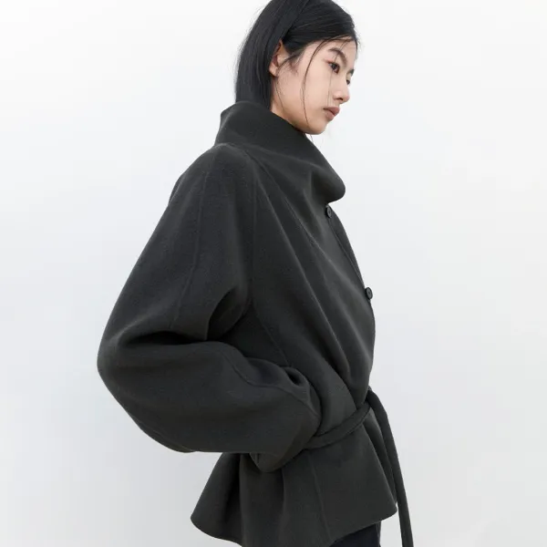 (CT-1489)HIGH NECK BELTED HALF HANDMADE COAT S