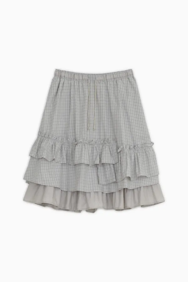 CHECK FRILL MIDI SKIRT, LIGHT BEIGE