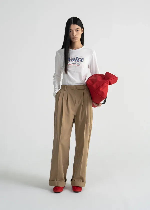 (UNI) TWILL PLEATED WIDE PANTS - BEIGE