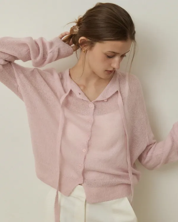Fluffy yarn ribbon neck loose fit cardigan - palepink