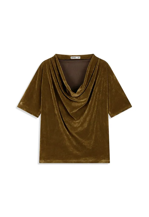 VELVET COWL NECK TEE, YELLOWISH BROWN