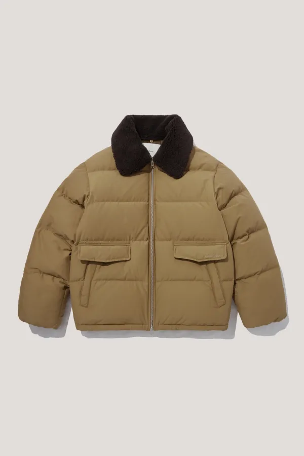UNISEX DETACHABLE SHEARLING COLLAR GOOSE DOWN JACKET CAMEL BROWN