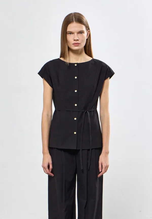 BOAT NECK CAP-SLEEVE BLOUSE - BLACK
