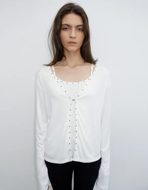 STUDDED CARDIGAN SET, WHITE