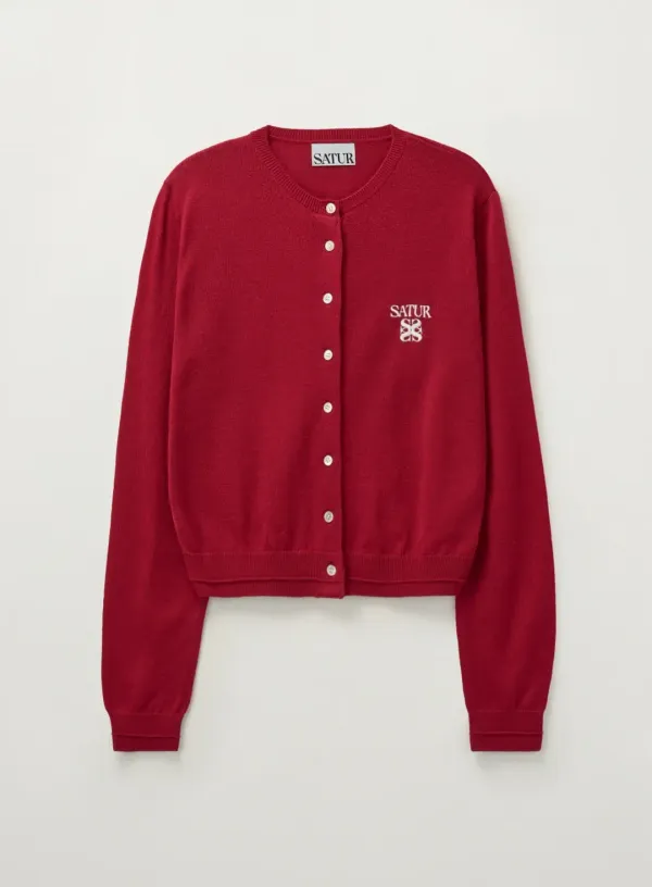 (W) Loren Basic Crewneck Fine Cardigan - Red