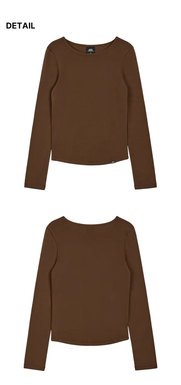 (W) RIBBED BOAT NECK LS T-SHIRT-BROWN