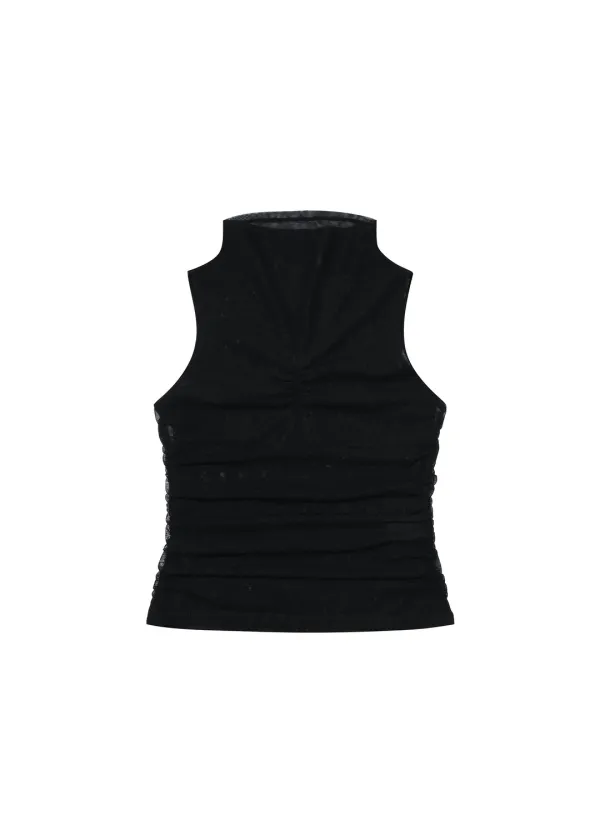 [2ND] HALF NECK SHIRRING SLEEVELESS, BLACK