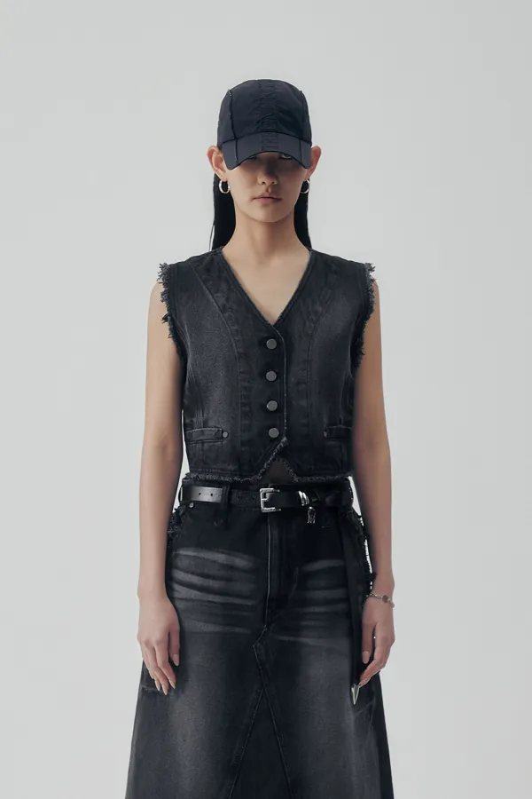 Vintage Frayed Denim Set-up Vest [ Black ]