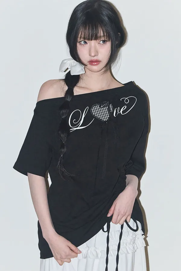 러브 원숄더 오버핏 티셔츠 블랙