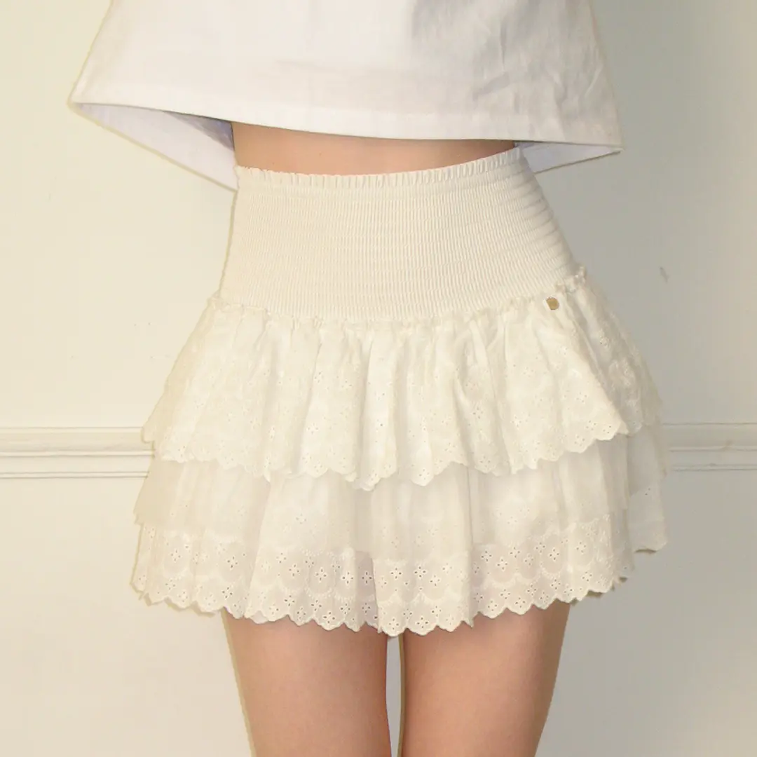 론론 SMOCKED LACE CANCAN RUFFLE PANTSKIRT WHITE 상품 이미지 1
