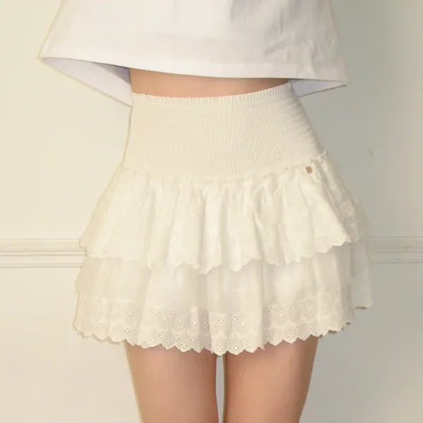 SMOCKED LACE CANCAN RUFFLE PANTSKIRT WHITE