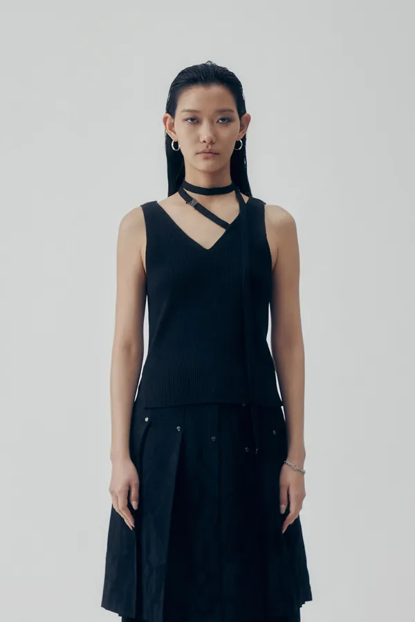 Scarf-Tie Knit Sleeveless [ Black ]