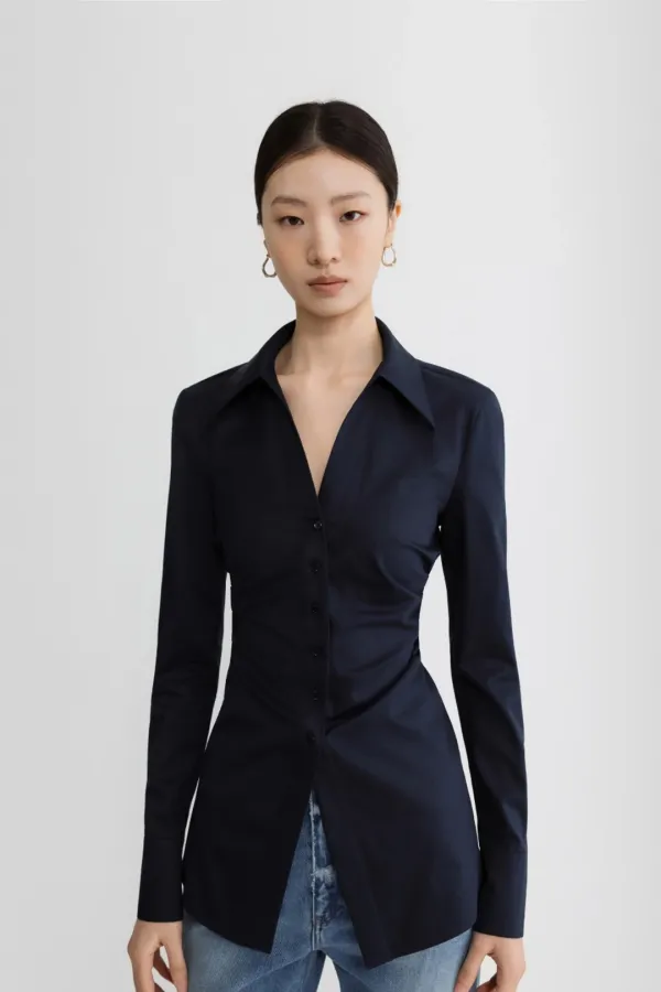 COTTON SLIM OPEN COLLAR BLOUSE - NAVY