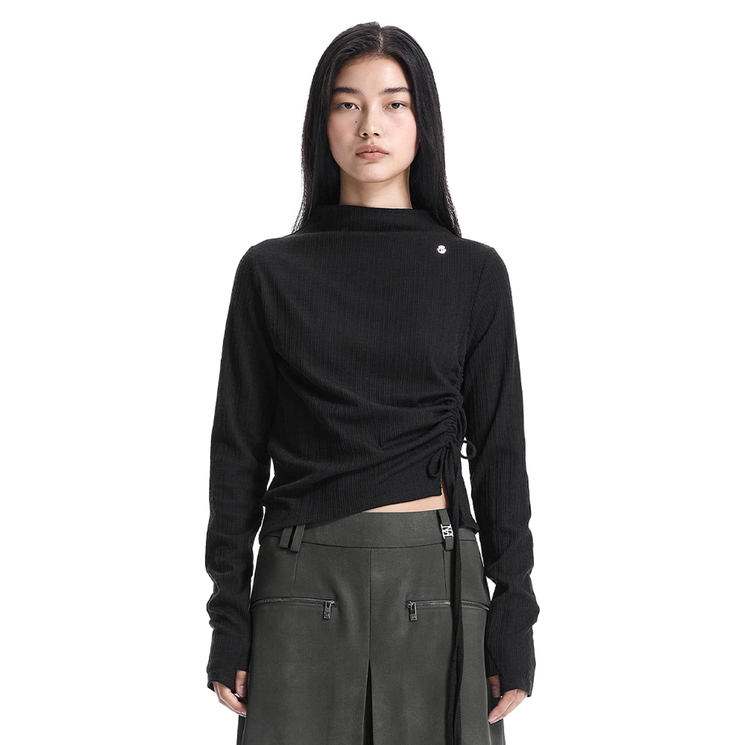 트리밍버드 String Ribbed Mock Neck Long Sleeve T-Shirt [ Black ] 상품 이미지 1