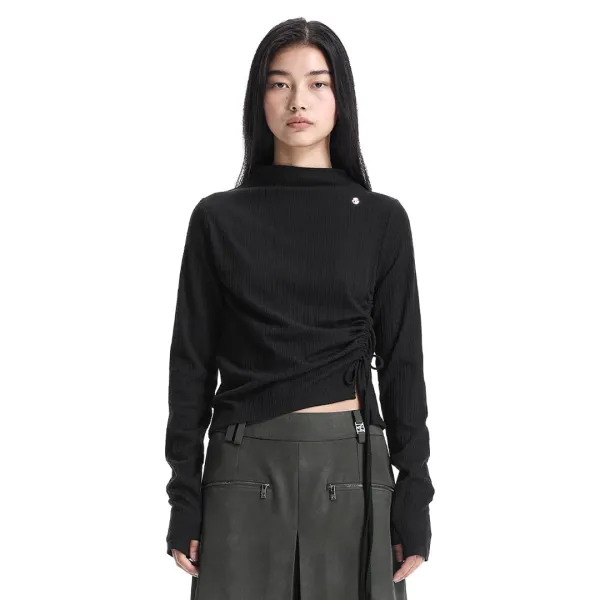String Ribbed Mock Neck Long Sleeve T-Shirt [ Black ]