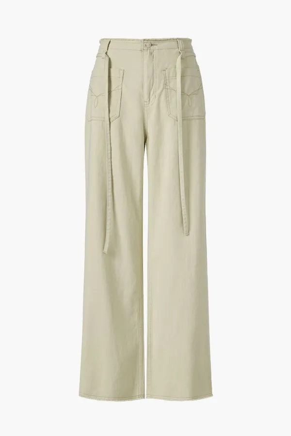 Frayed Embroidered Pocket Denim Pants, Light Khaki