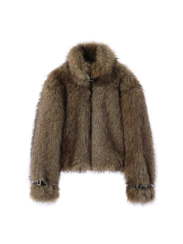 LEATHER BUCKLE FAUX FUR JACKET_BROWN