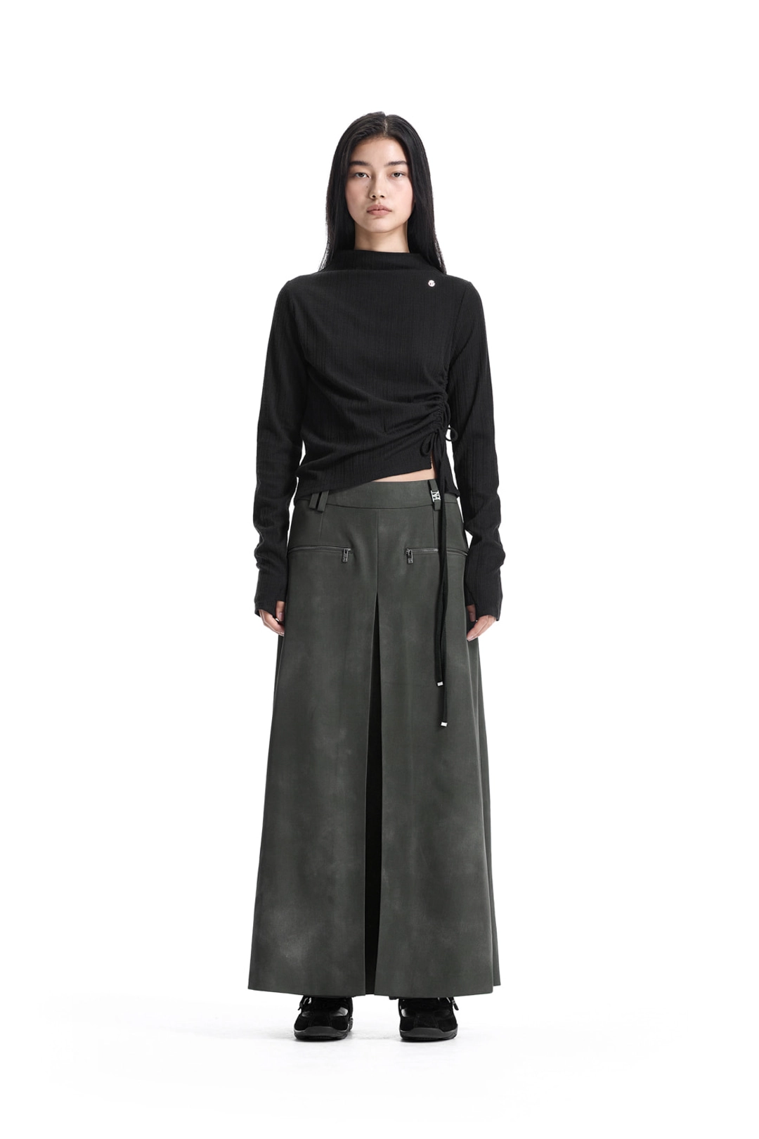 트리밍버드 String Ribbed Mock Neck Long Sleeve T-Shirt [ Black ] 상품 이미지 2