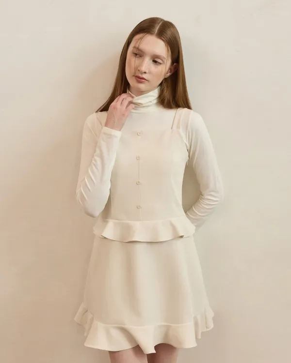 Button double flare line mini dress - ivory