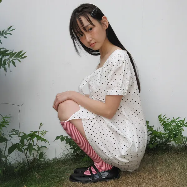 RIBBON BOW HALF SLEEVE DRESS WHITE DOT