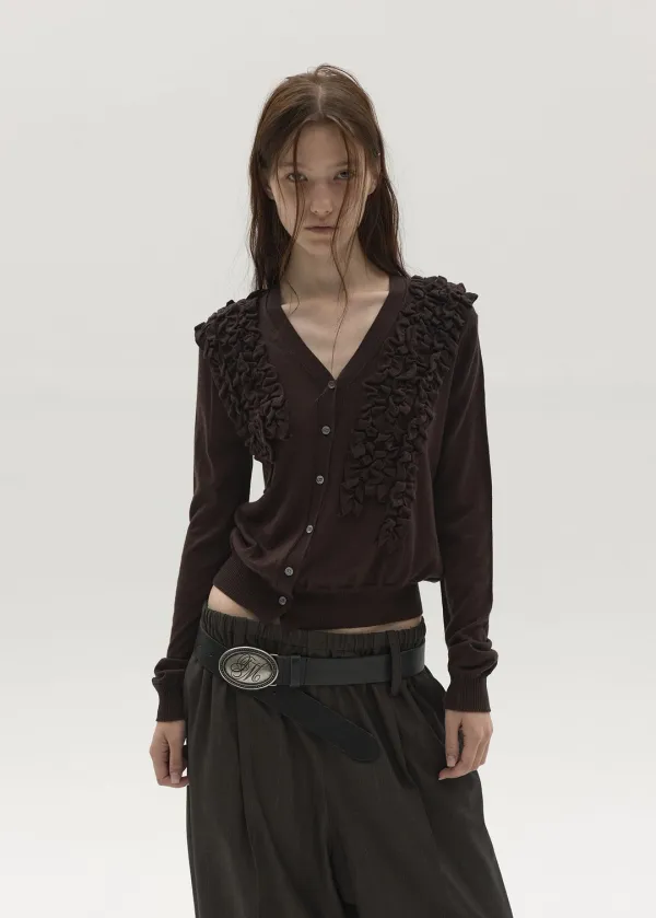 ASYMMETRIC FRILL CARDIGAN (BROWN)