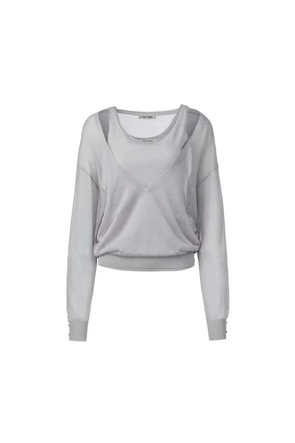 SHEER V-NECK KNIT & SLEEVELESS SET UP [GREY]