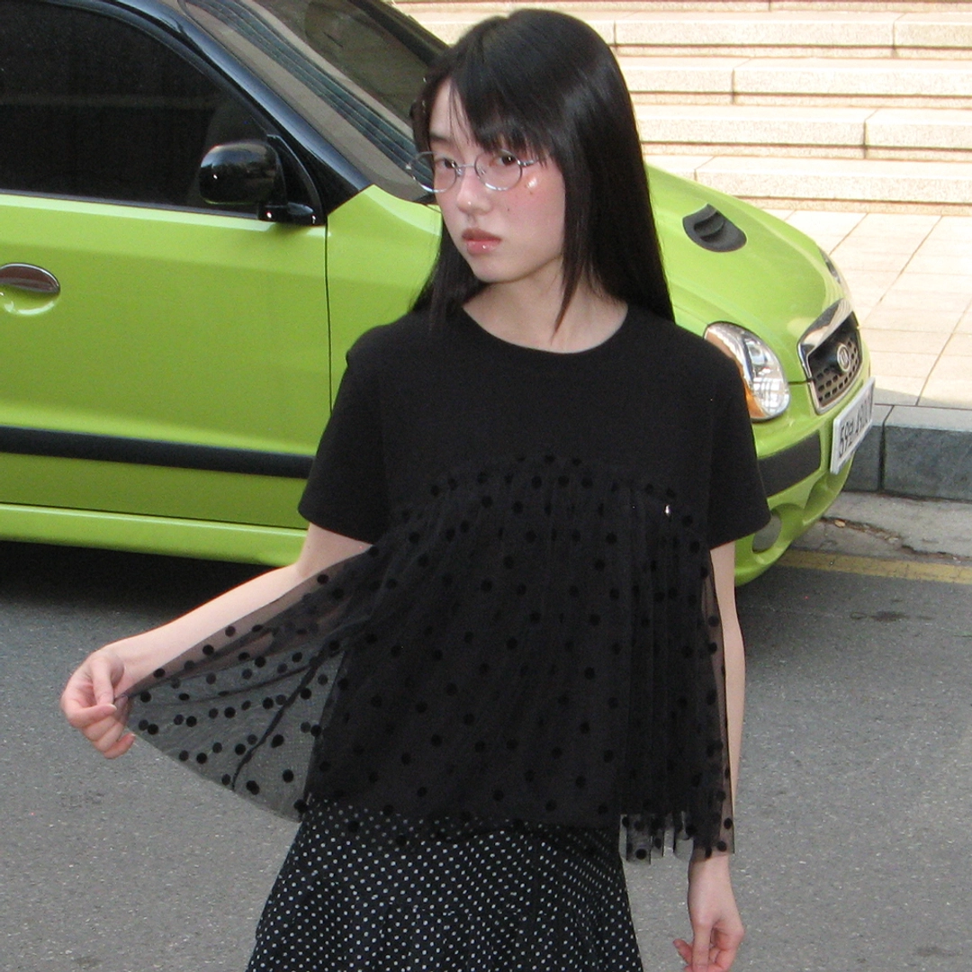론론 SHEER LAYERED SHORT SLEEVE DOT BLACK 상품 이미지 2