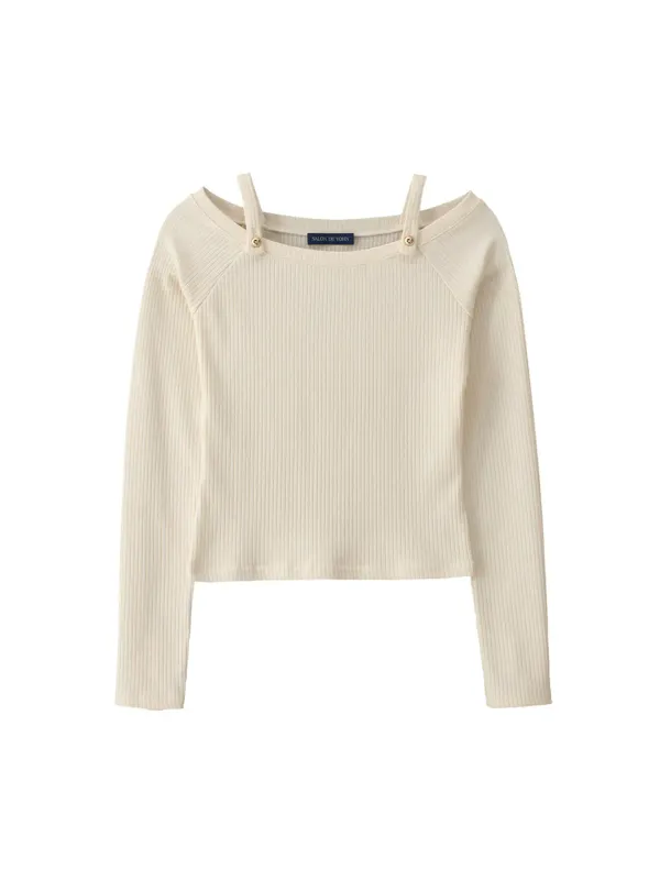 Button Point Strap Off Shoulder T_ Ivory