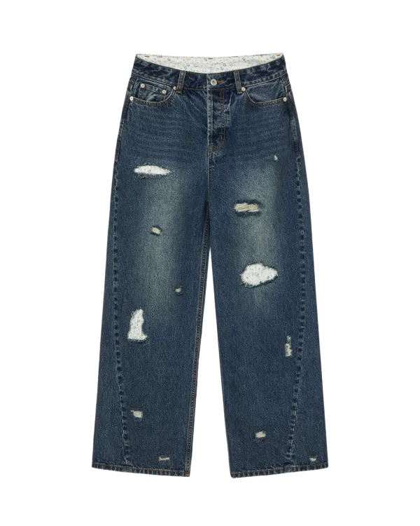 FLOWER PATCHWORK DENIM PANTS [DUSTY BLUE]