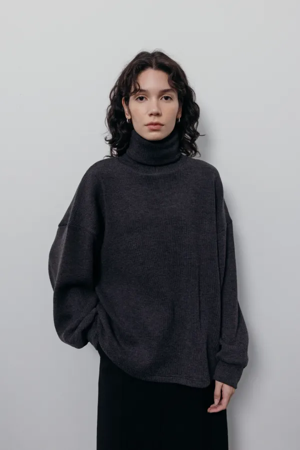 Ribbed Loose Turtle Neck T-Shirt (Charcoal)