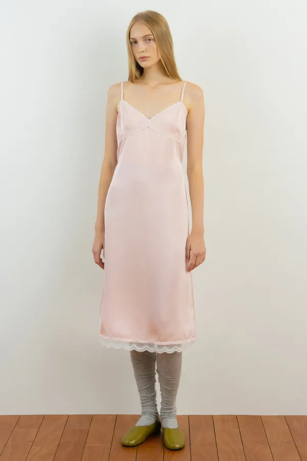 Satin Lace Slip Dress (Light Pink)