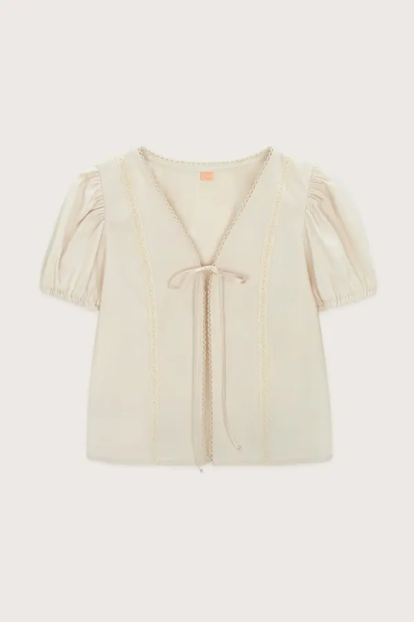 Ribbon Tie Eyelet Blouse (Beige)