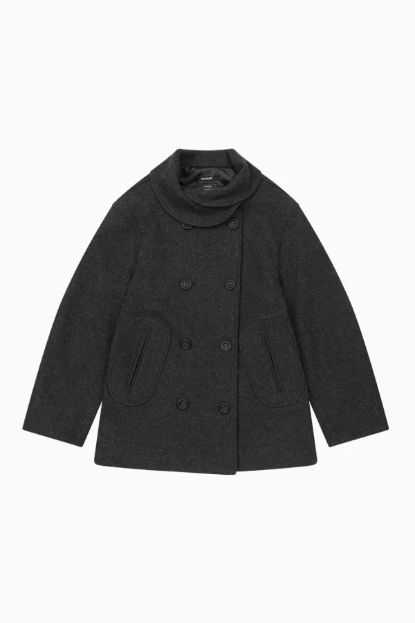 LAYERED COLLAR DOUBLE WOOL COAT, CHARCOAL