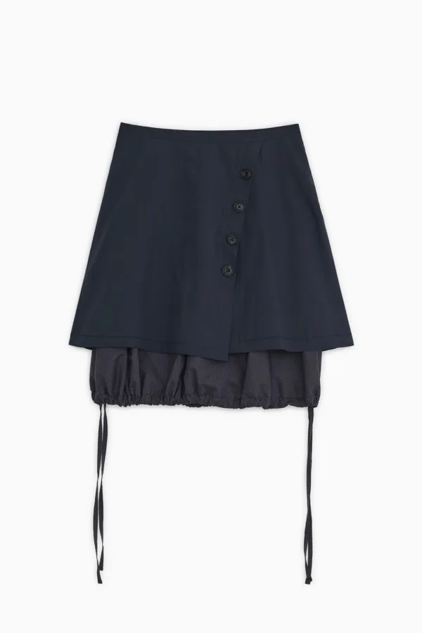 BUTTON STRING LAYERED WRAP SKIRT, NAVY