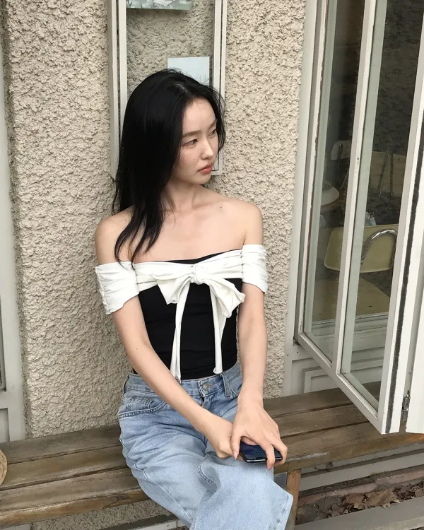 @diaryOff shoulder ribbon top (Black)