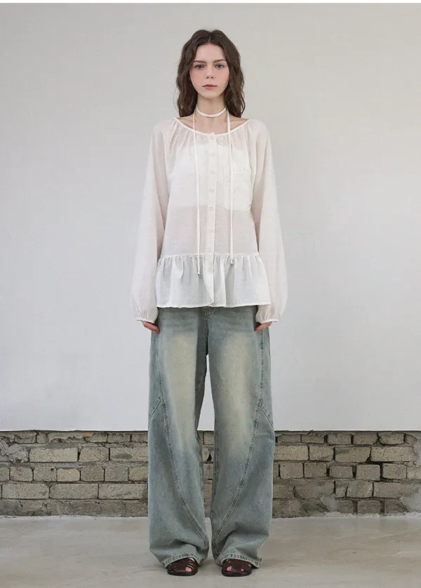  [44-120]  Boo Frill Tie Blouse  부 프릴 타이 블라우스 (봄-가을-데일리룩-캐주얼룩-하객룩-데이트룩-꽃놀이룩-프릴-타이-블라우스-여리블라우스-긴팔-빅사이즈-자체제작) 