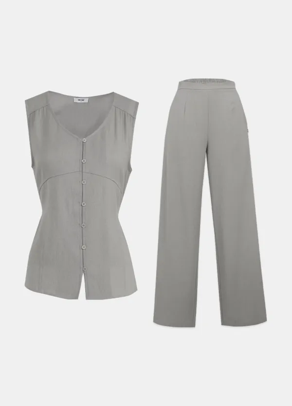 [44-120]  Noor Linen Sleeveless Blouse-Pants Setup  누어 린넨 슬리브리스 블라우스-팬츠 셋업 (여름-클래식룩-팬츠셋업-블라우스셋업-린넨-여름하객룩-상견계룩-출근룩-오피스룩-나시-롱팬츠-빅사이즈-자체제작)