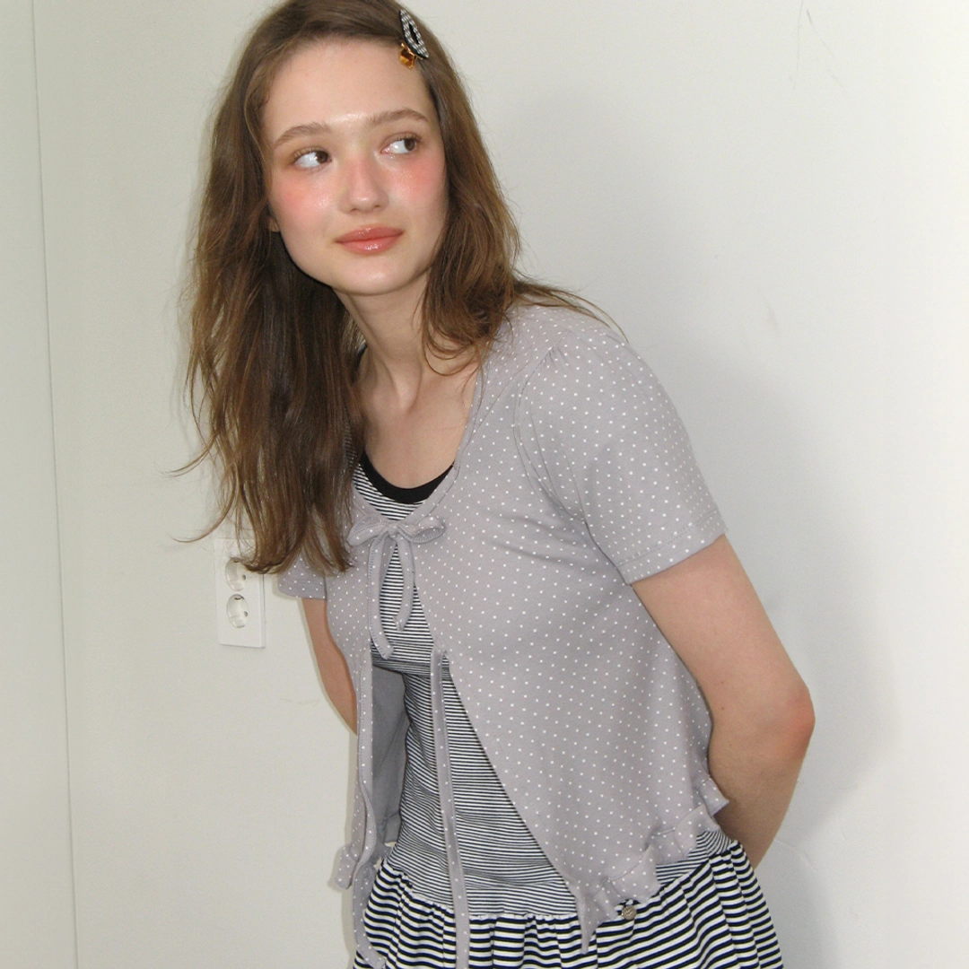 론론 MINI DOT RIBBON COTTON CARDIGAN GREY 상품 이미지 1