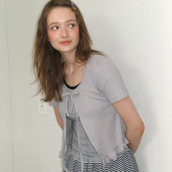 MINI DOT RIBBON COTTON CARDIGAN GREY