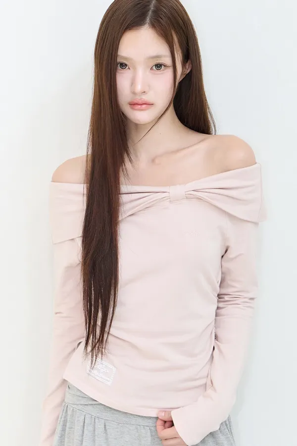 보우 오프숄더 롱슬리브 핑크