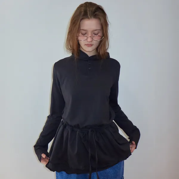 DRAWSTRING RUFFLE LAYERED LONG SLEEVE HOODIE DRESS BLACK