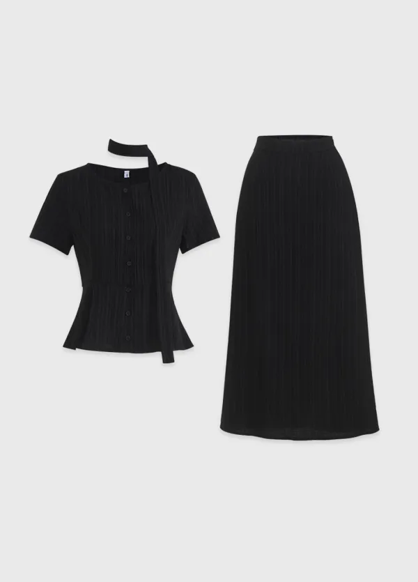  [44-120]  Memoria Wrinkle Peplum Blouse-Skirt setup  메모리아 링클 페플럼 블라우스 -스커트 셋업 (여름-여름하객룩-하객룩-데일리룩-격식룩-출근룩-오피스룩-미팅룩-여름블라우스-여름스커트-링클-빅사이즈-자체제작) 